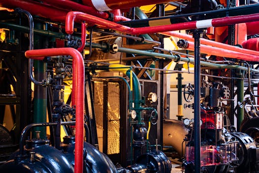 Complex network of industrial pipes and machinery inside a Lisbon plant.